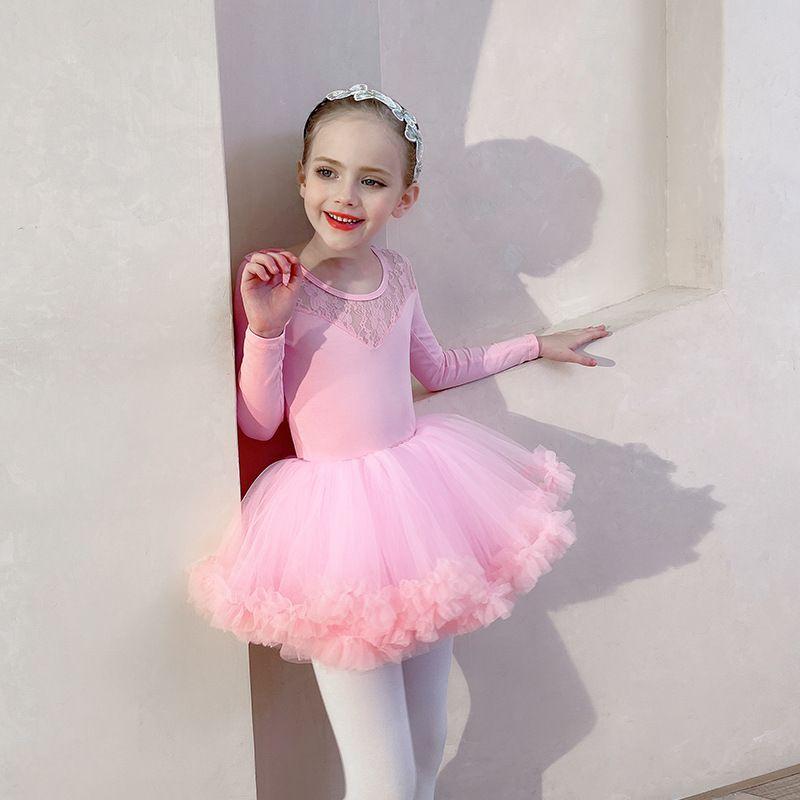 Đầm múa Ballet cao cấp mẫu viền ren ngực - Màu Hồng - Tay dài
