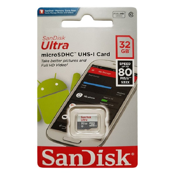 Thẻ nhớ 32G SanDisk Ultra Class 10 80Mb/s chuẩn Dành cho Camera - Hàng chính hãng