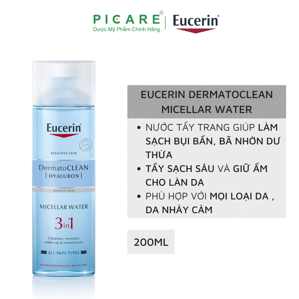Nước tẩy trang dịu nhẹ cho da nhạy cảm DermatoClean Hyaluron Micellar 3 in 1 Eucerin 200ml