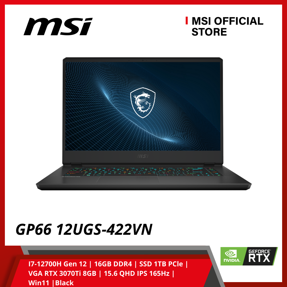 Laptop MSI Vector GP66 12UGS 422VN (I7-12700H Gen 12 | 16GB DDR4 | SSD 1TB PCle | VGA RTX 3070Ti 8GB | 15.6 QHD IPS 165Hz | Win11 |Black) - Hàng Chính Hãng