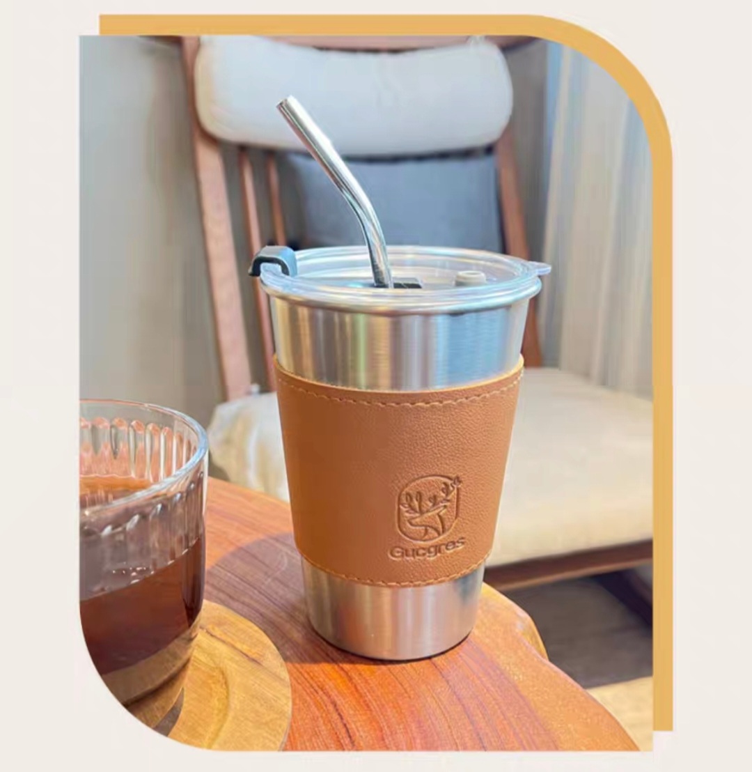 Ly Inox Bọc Da Gucgres 500Ml Kèm Ống Hút Inox