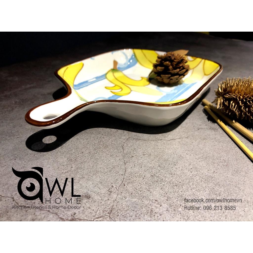 Thố vuông có tay cầm họa tiết trái cây banana/water melon ceramic