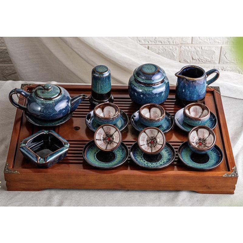 Bộ ấm chén lòng hoa + Phụ kiện, men hỏa biến. Hàng nghệ nhân gốm sứ Bát Tràng.