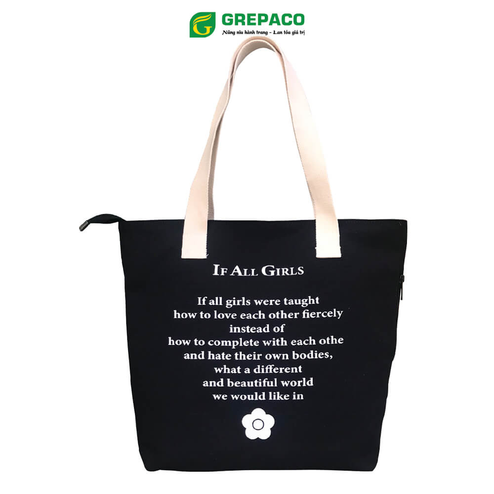 Túi Tote Nữ Grepaco Xách Vải Bố Canvas Cao Cấp In Chữ Đẹp Đeo Chéo Vai Có Khóa Kéo Nhiều Ngăn Dùng Đi Học, Làm Công Sở, Du Lịch Phong Cách Thời Trang Hàn Quốc - Tặng Túi Đựng Mỹ Phẩm