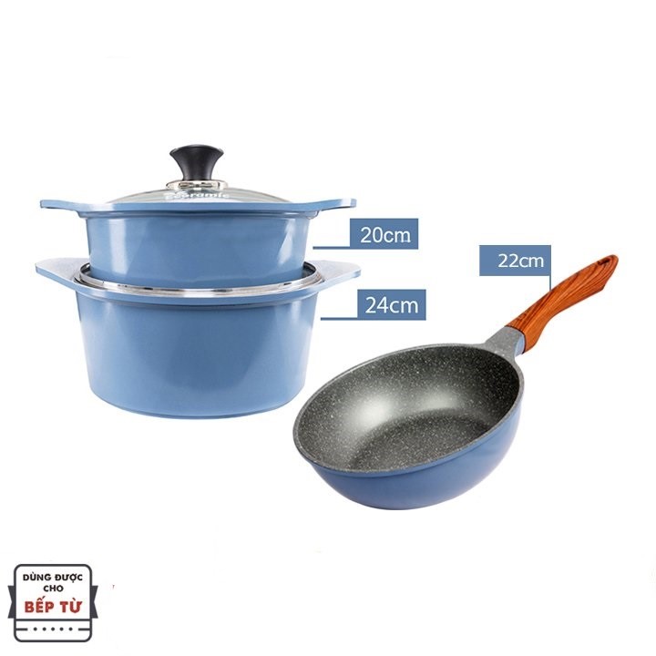 Combo 3 món cao cấp, nồi đúc ceramic đế từ xanh size 20-24cm, chảo đúc sâu lòng vân đá ceramic đê từ size 22cm màu xanh (dùng được tất cả các bếp, kể cả bếp từ) - Hàng chính hãng