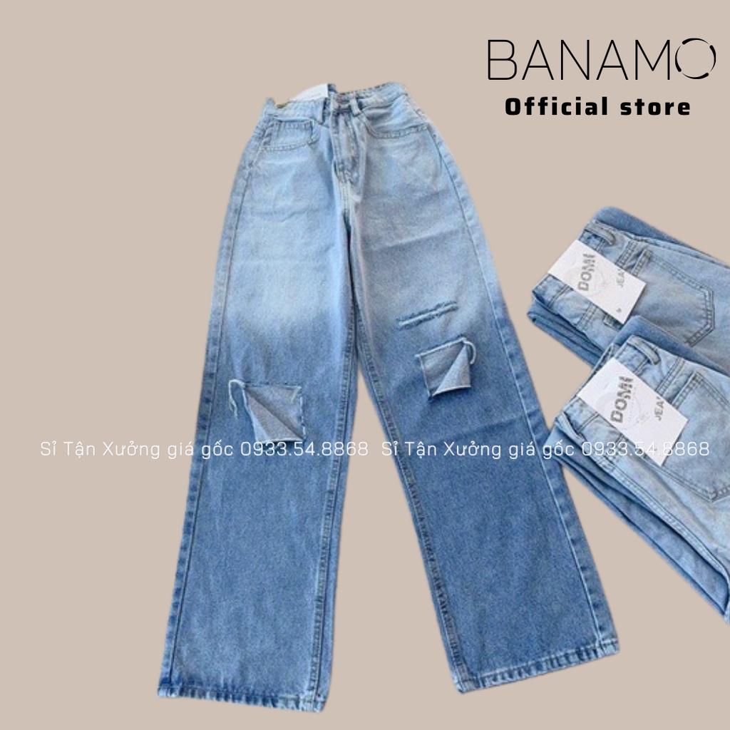 Quần jean nữ xuông rách gối loang màu đậm nhạt siêu đep thời trang Banamo Fashion bò xuông rách gối 9612