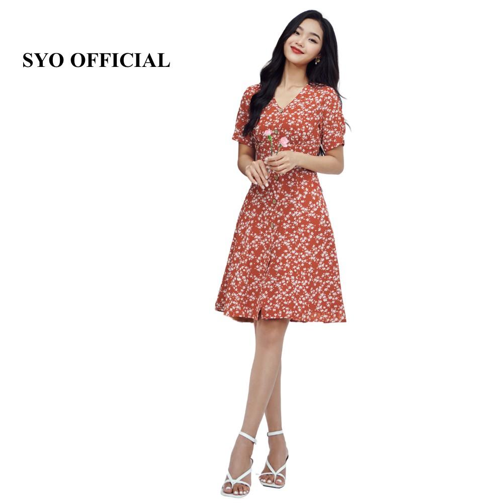Đầm midi họa tiết hoa dáng xòe màu đỏ SYO D4003-21