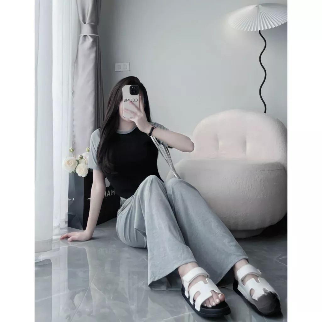 Bộ Áo Thun Ôm Tay Phối Màu Kèm Quần Ống Rộng Dây Rút Vải Cotton