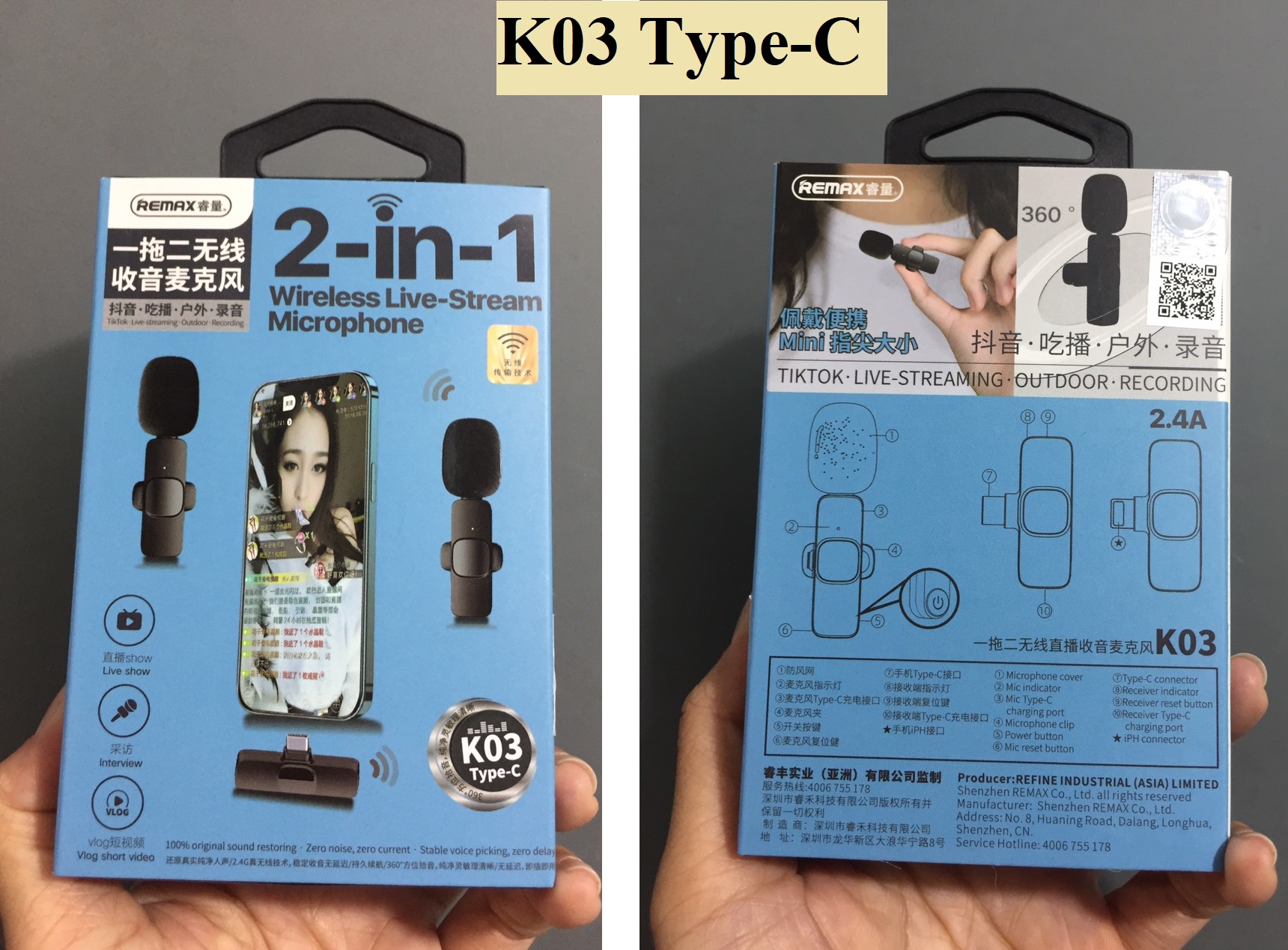 Micro thu âm không dây có kẹp cài áo kết nối type-C / iP Remax K03 / K02 -  Hàng chính hãng