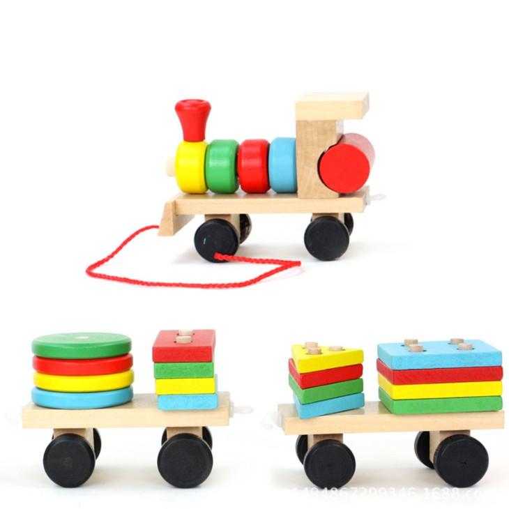 Đồ chơi Đoàn tàu gỗ chở hình khối 4 trụ cho bé KB216074