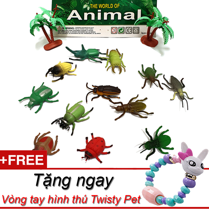 Bộ 12 mô hình động vật Animal World bọ rùa mini giáo dục trẻ em tặng kèm vòng tay biến hình thú Twisty Petz New4all dễ thương