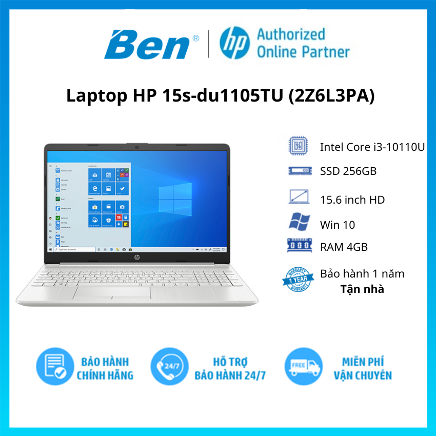 Laptop HP 15s-du1105TU 2Z6L3PA i3-10110U/4GB/256GB SSD/15.6''HD/Win 11/Silver - Hàng Chính Hãng