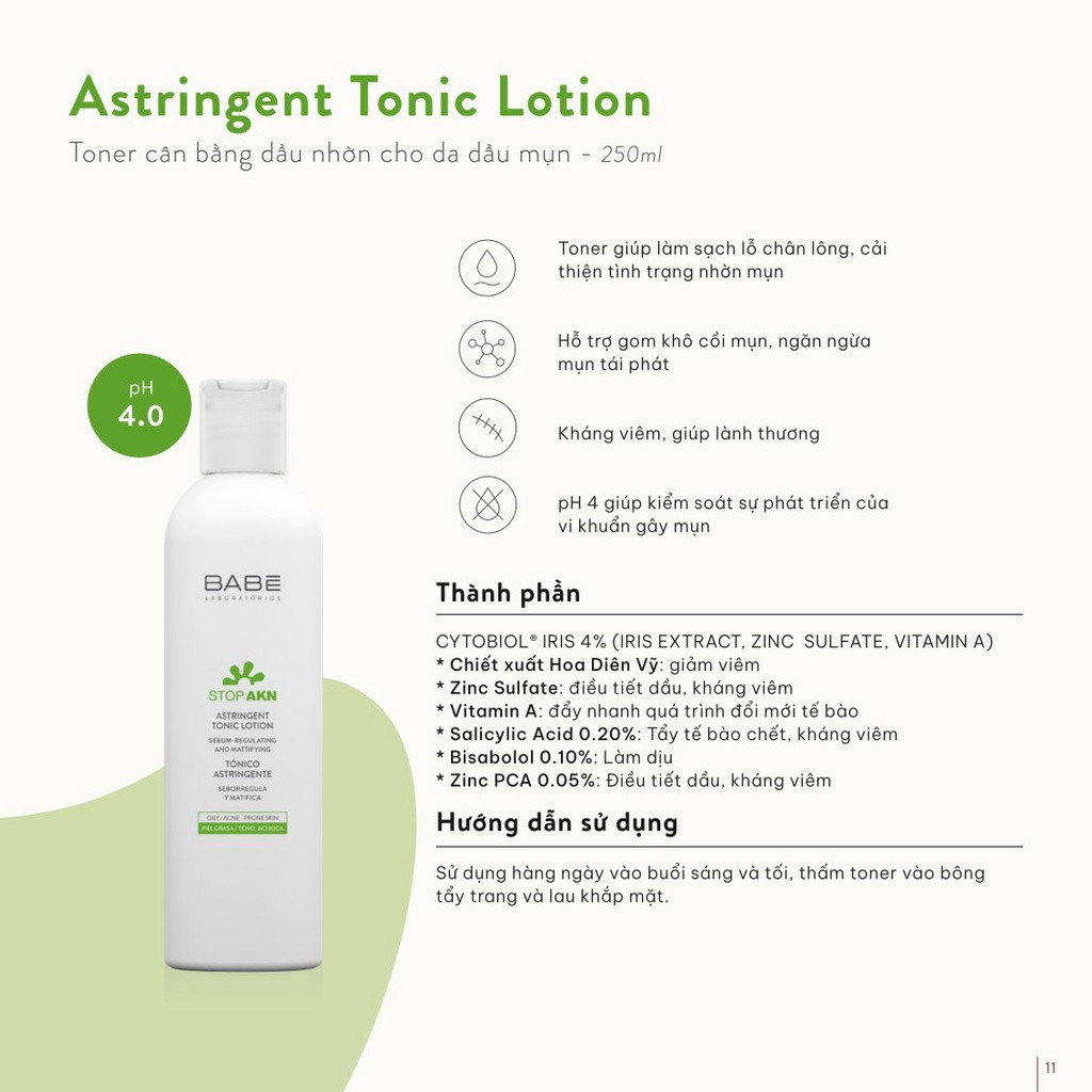 Toner cho da dầu mụn BABE Astringent Tonic Lotion 250ml pH 4 giúp giảm mụn se khít lỗ chân lông