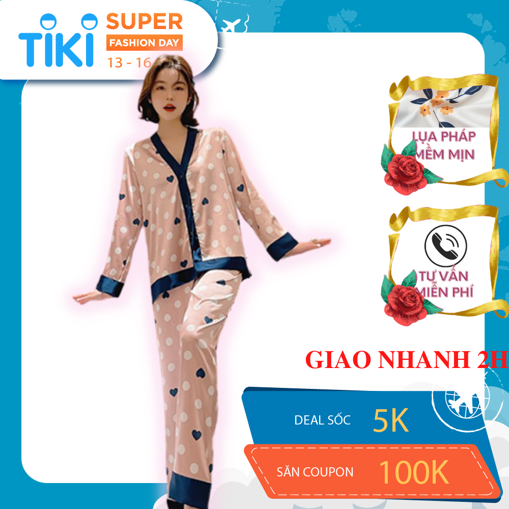 Đồ bộ pyjama nữ, đồ mặc nhà cao cấp VILADY - B103 kiểu cổ V tay dài quần dài họa tiết chấm Bi màu hồng, chất liệu lụa Pháp ( lụa latin) siêu mát