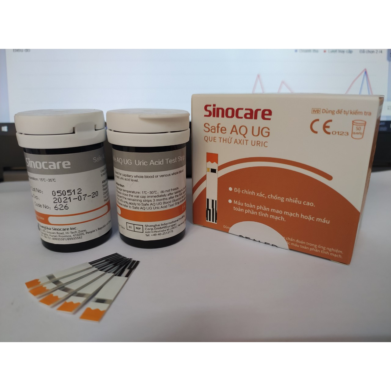 50 Que Thử Axid Uric Dùng Cho Máy Safe AQ UG Sinocare kèm 50 Kim Chích máu