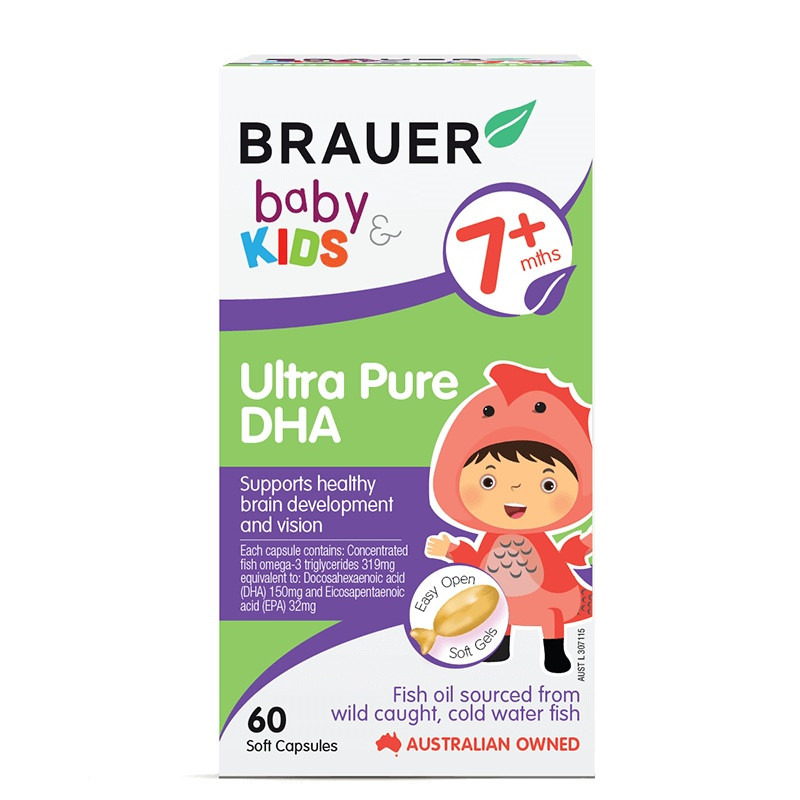 Viên mềm bổ sung DHA tinh khiết Brauer Baby & Kids Ultra Pure DHA cho trẻ từ 7 tháng tuổi (60 viên)