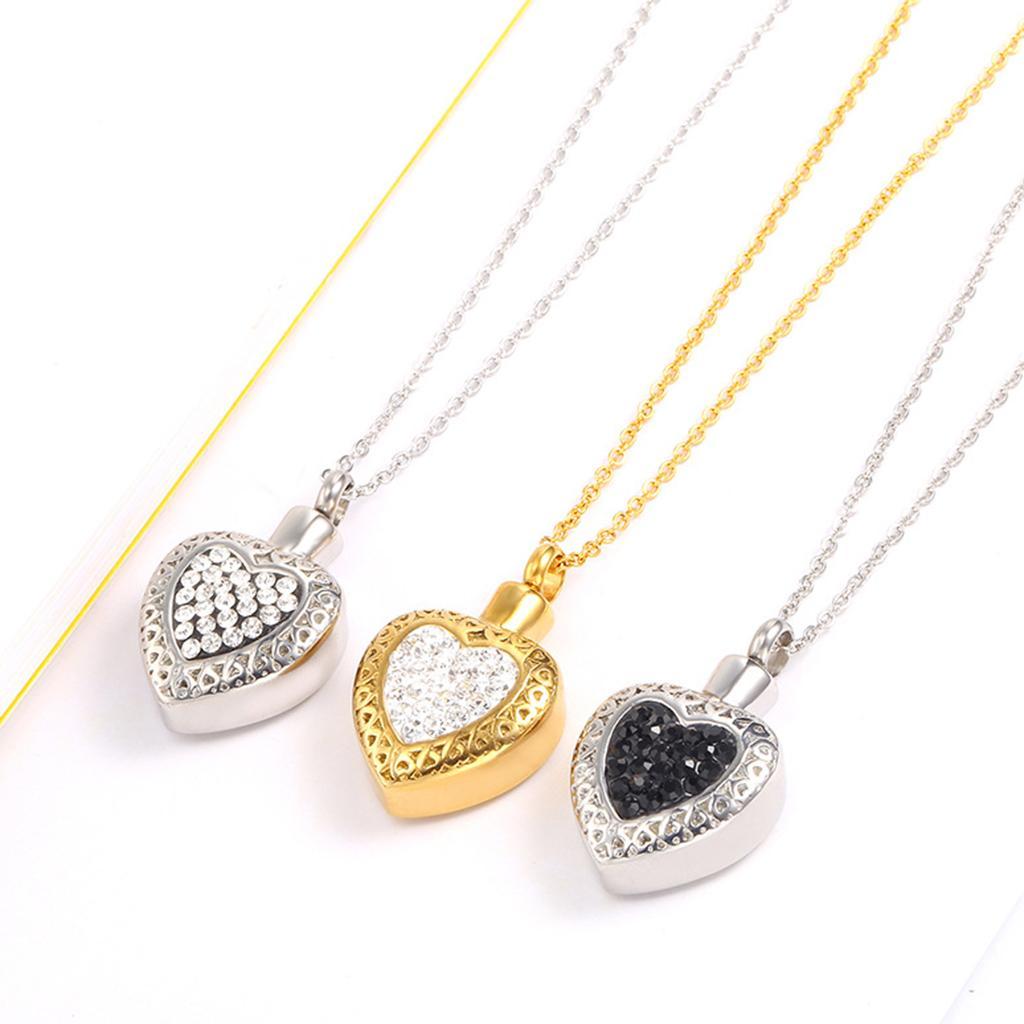 Rhinestone Love Heart Cremation Keepsake Urn Pendant Stainless Steel