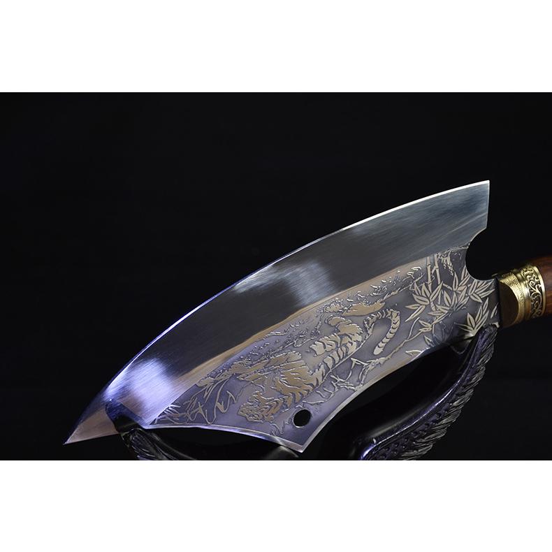 Dao bếp thái lọc,chặt gà không rỉ cao cấp, mặt dao dập chìm hoa văn hổ, khâu đồng -  A45 DT15