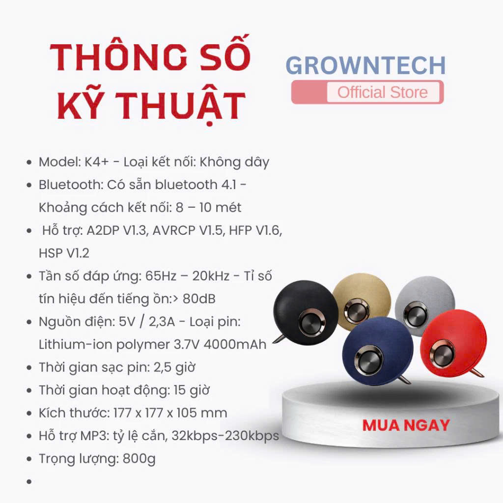 Loa nghe nhạc bluetooth GrownTech K4 Plus dòng xách tay kết nối không dây, loa to, pin trâu - Hàng chính hãng