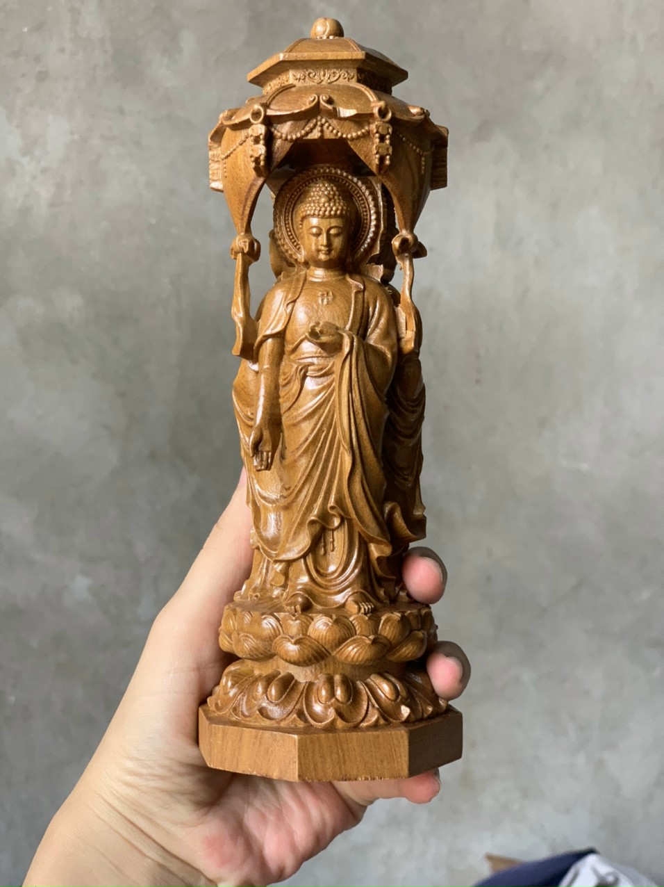 Tượng phật tam thánh bằng gỗ bách xanh thơm nức kt 20×8×7cm