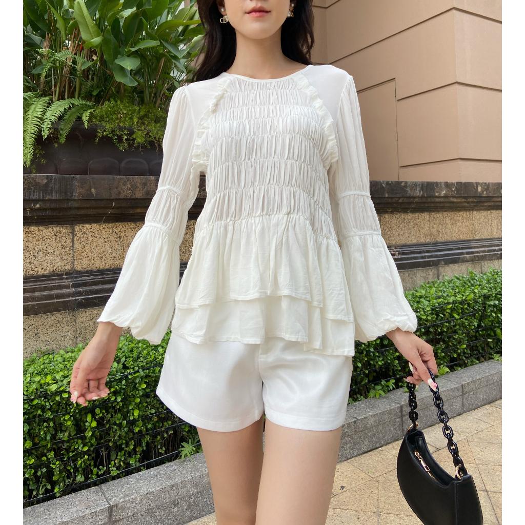 Áo kiểu nữ nhún thun màu trắng - Lovadova 22B08C001
