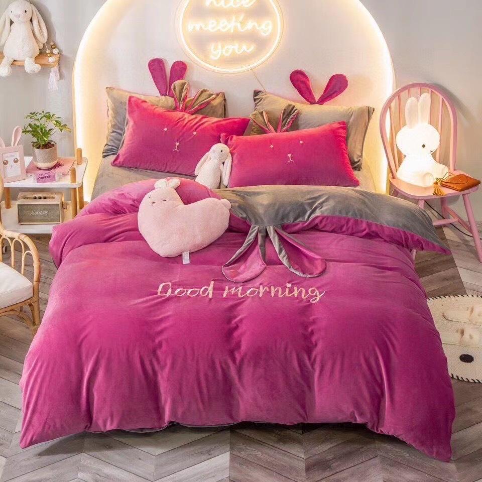 Bộ Chăn Ga Gối Nỉ Nhung Tai Thỏ Cao Cấp Siêu Mềm Mịn - loại 1