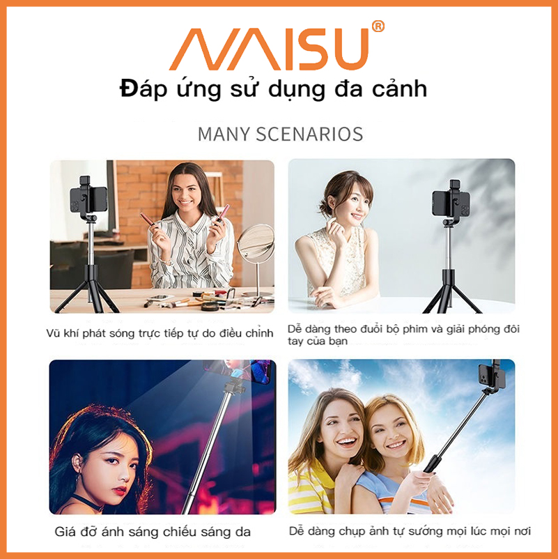 Gậy Chụp Ảnh Tự Sướng Bluetooth, Tripod Livestream 3 chân máy sống, ánh sáng lấp đầy, có thể gấp lại ID – 1815 - Hàng nhập khẩu