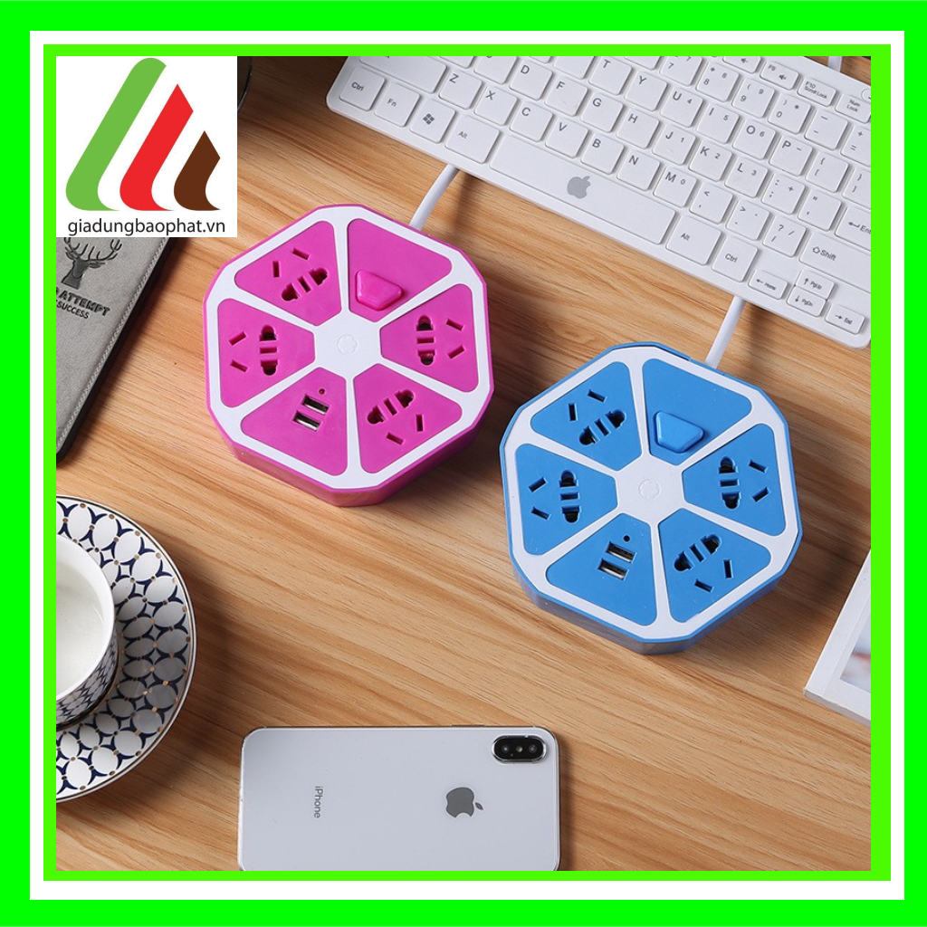 Ổ cắm điện lục giác 4 lỗ phích cắm 2 chấu 3 chấu và 2 cổng USB đa năng trang trí đèn led