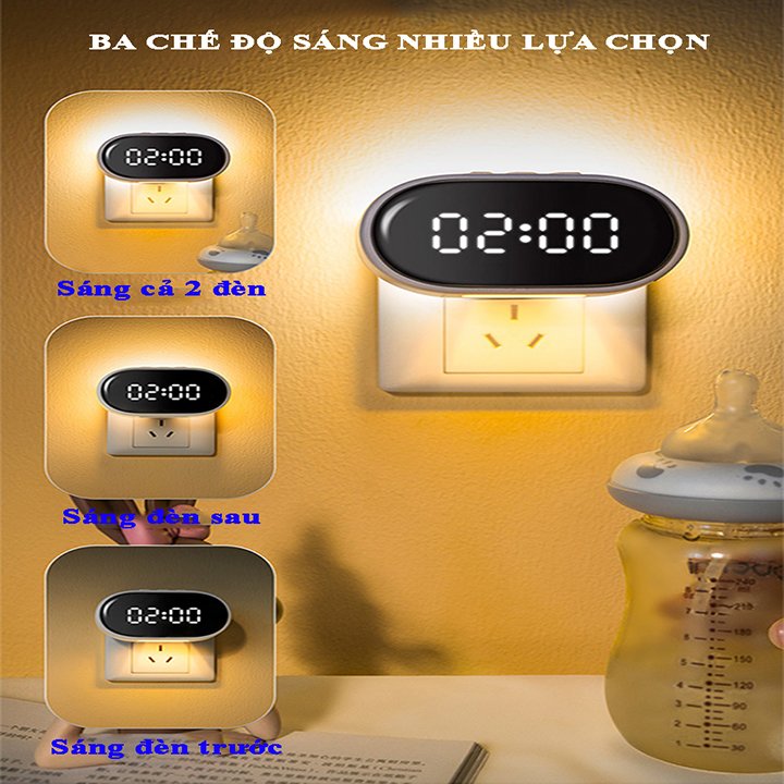 Hình ảnh Đèn ngủ điều khiển từ xa có đồng hồ xem giờ với 3 chế độ sáng, độ sáng có thể điều chỉnh, ánh sáng 3 màu bảo vệ mắt