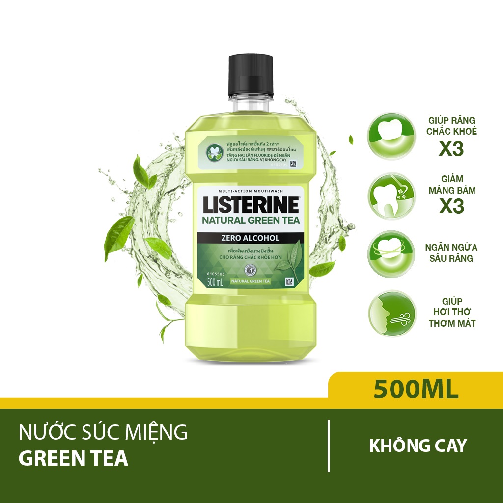 Nước súc miệng ngừa sâu răng vị trà xanh không cay Listerine Natural Green Tea 500ml - 100953223