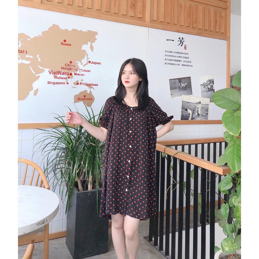 ĐẦM SUÔNG CHẤM BI CỔ VUÔNG CỘT NƠ SAU TAY LỠ PHỒNG DÁNG BABYDOLL-hình thật shop chụp