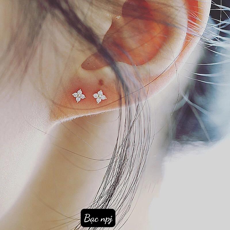 Bông tai hoa đính đá xinh xắn, Hoa tai nụ Bạc ta - Bạc Npj