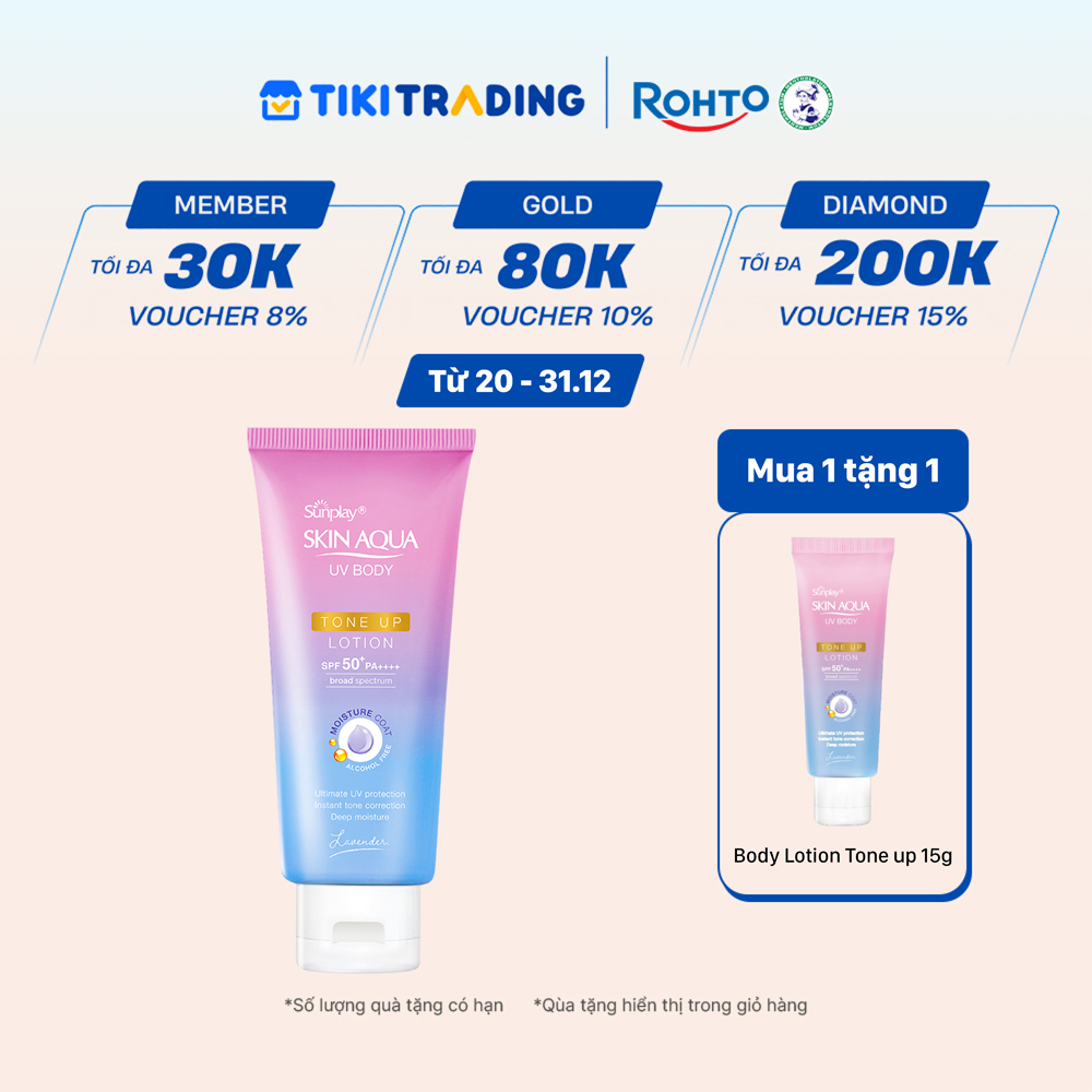 Kem chống nắng nâng tông body Skin Aqua dưỡng thể sáng mịn Sunplay Skin Aqua UV Body Tone up Lavender Lotion SPF 50+ PA++++ 130g
