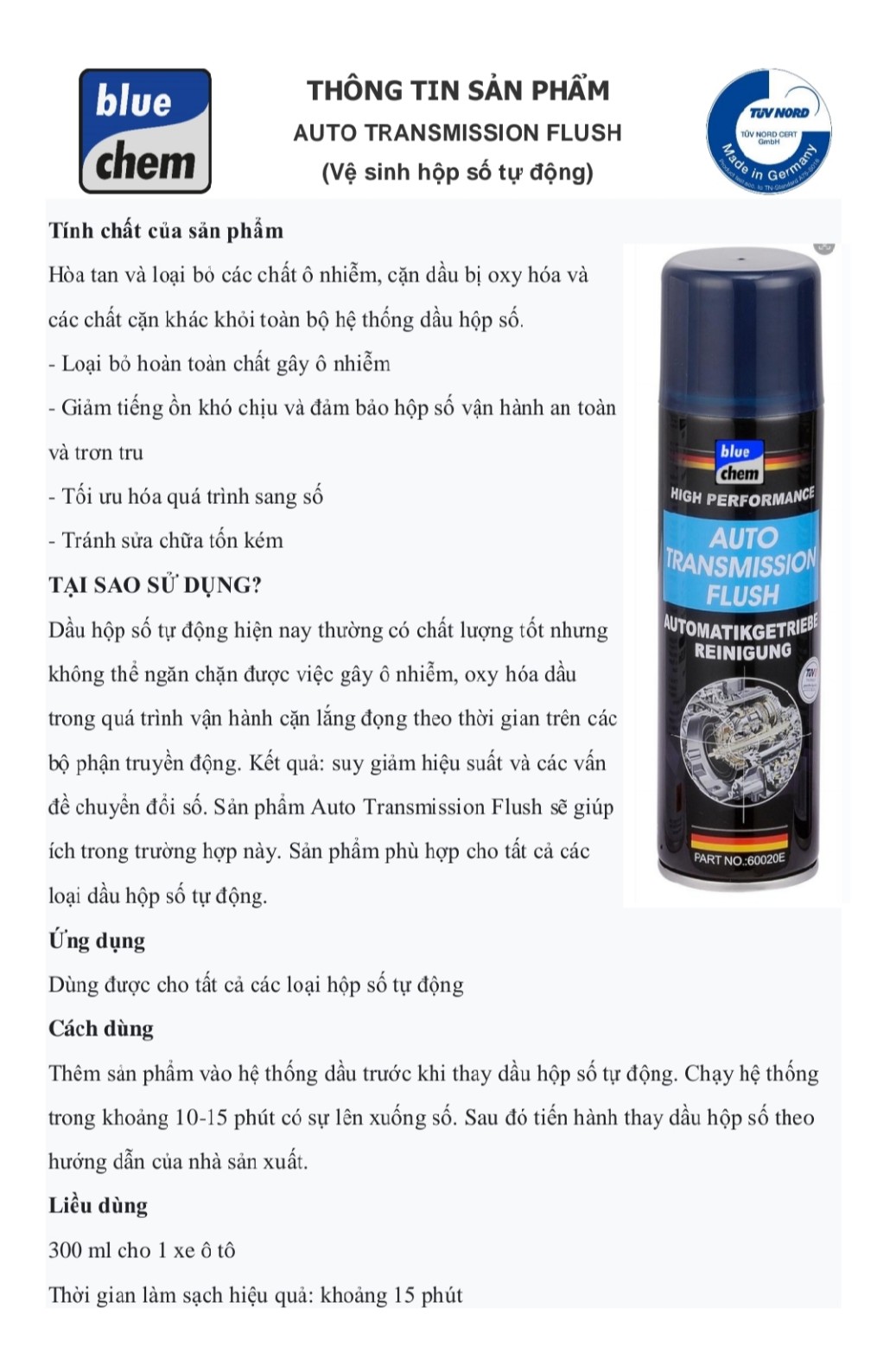 Phụ gia nhớt vệ sinh hộp số tự động cho xe ô tô Auto transmision Flush Bluechem 60020E