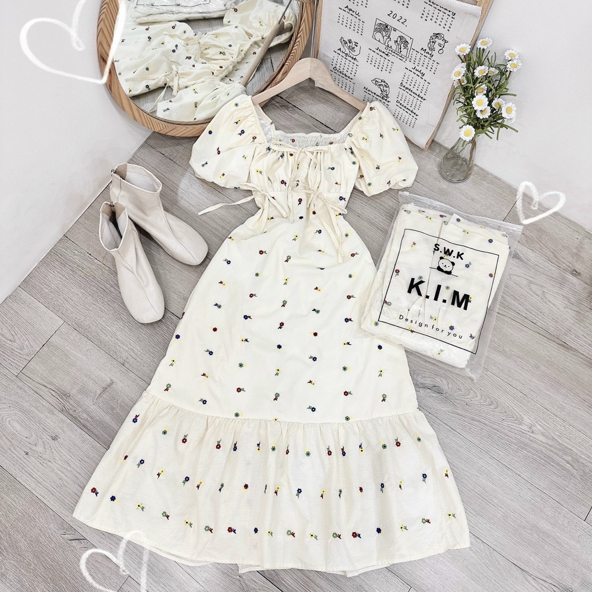 ĐẦM SUÔNG DÀI CỔ U HOA FLORAL TAY NGẮN BỒNG VÁY XẾP LY NHẸ ĐI BIỂN DẠO PHỐ DỰ TIỆC