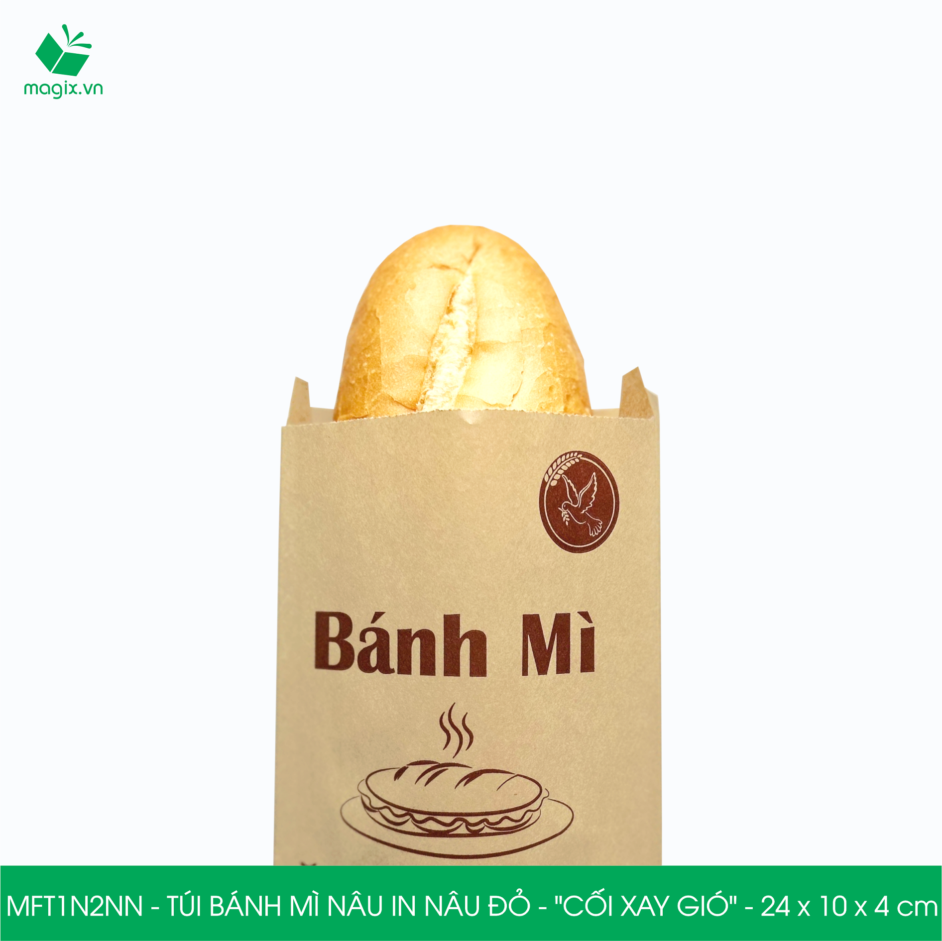 MFT1N2NN - 24x10x4 cm - 200 Túi bánh mì Nâu, in sẵn họa tiết CỐI XAY GIÓ - Bao bánh mì Túi giấy thực phẩm an toàn