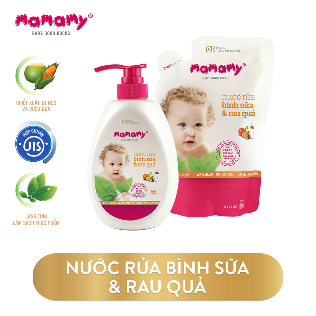 Combo 1 chai nước rửa 600ml Mamamy và 1 túi bổ sung 600ml nước rửa BS và rau quả