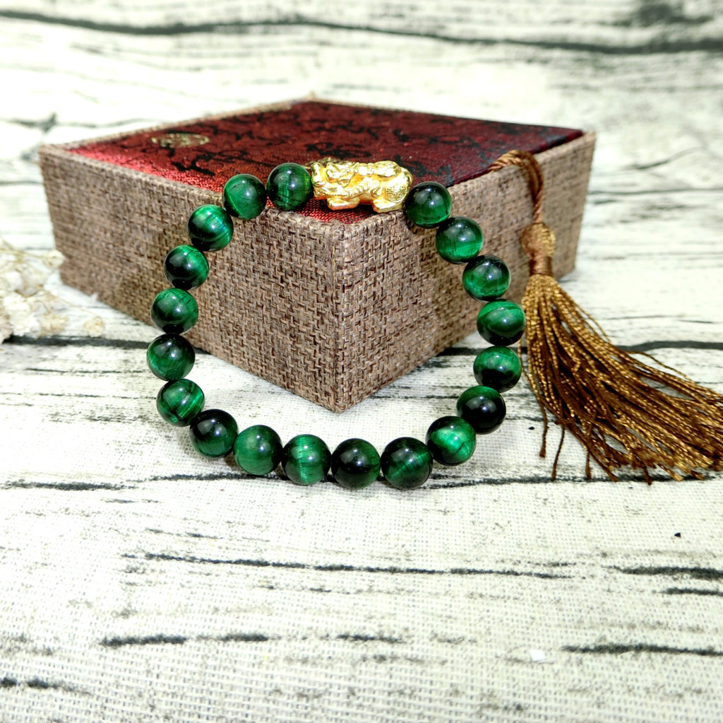 Vòng Tay Phong Thủy Mắt Hổ  Xanh Lá  Tỳ Hưu Mạ Vàng 24 K - Tăng Vượng Khí - Chiêu Tài Bốn Phương - Hợp Mệnh Mộc , Hỏa