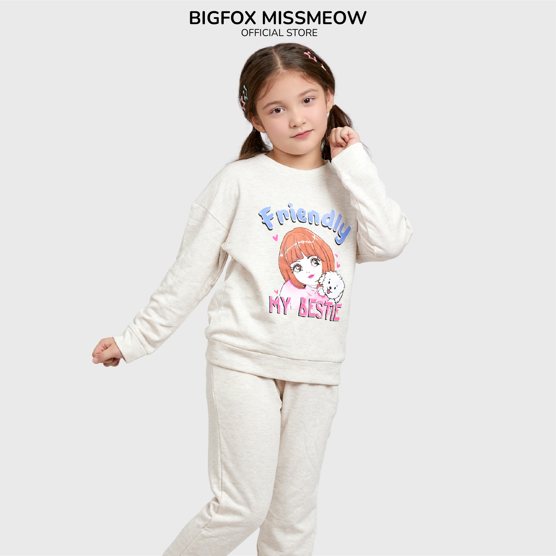 Bộ thu đông cho bé gái Bigfox Miss Meow chất nỉ da cá phong cách Hàn Quốc size đại trẻ em 3,7,9,11 tuổi 39kg