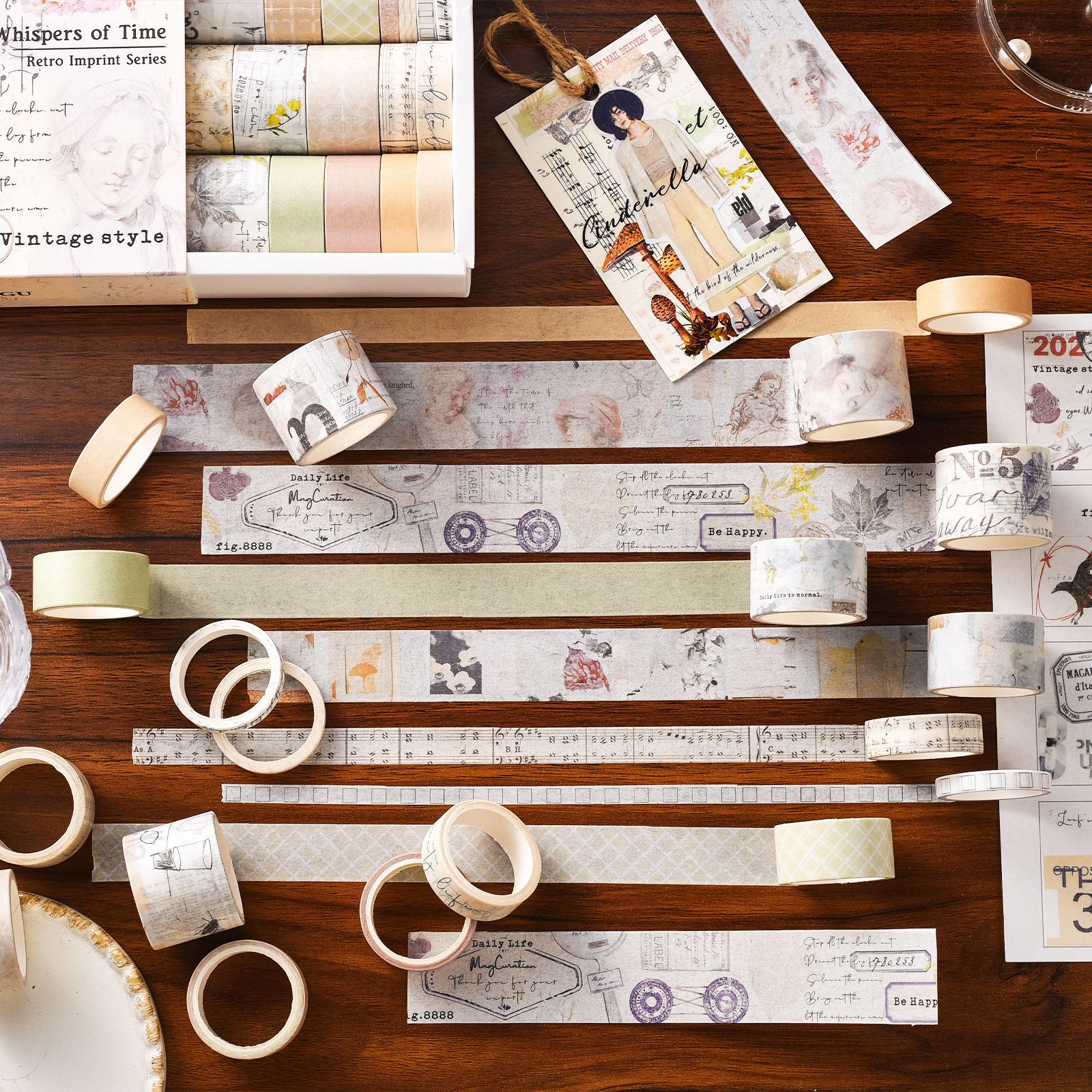 Hộp 20 cuộn washi tape kiểu cổ điển dùng để trang trí vintage journaling