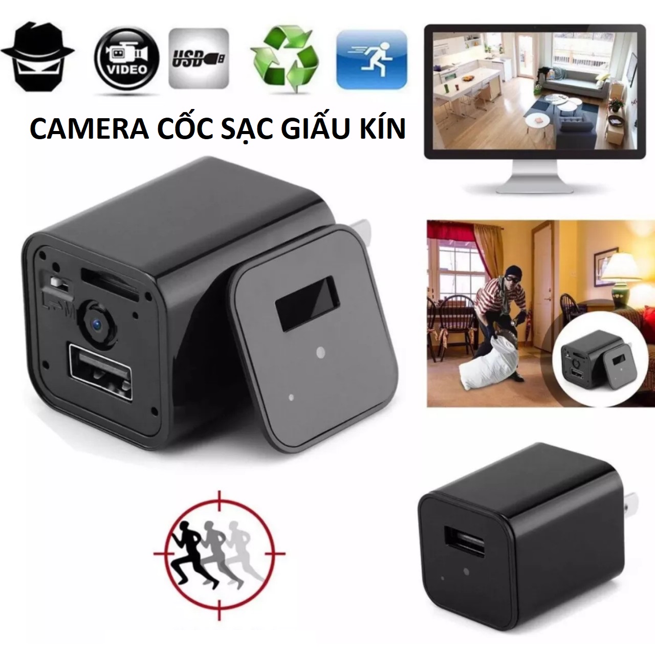 Camera cốc sạc mini quan sát giấu kín góc quay rộng 90 độ chất lượng hình ảnh HD 1080p 4K loại tốt