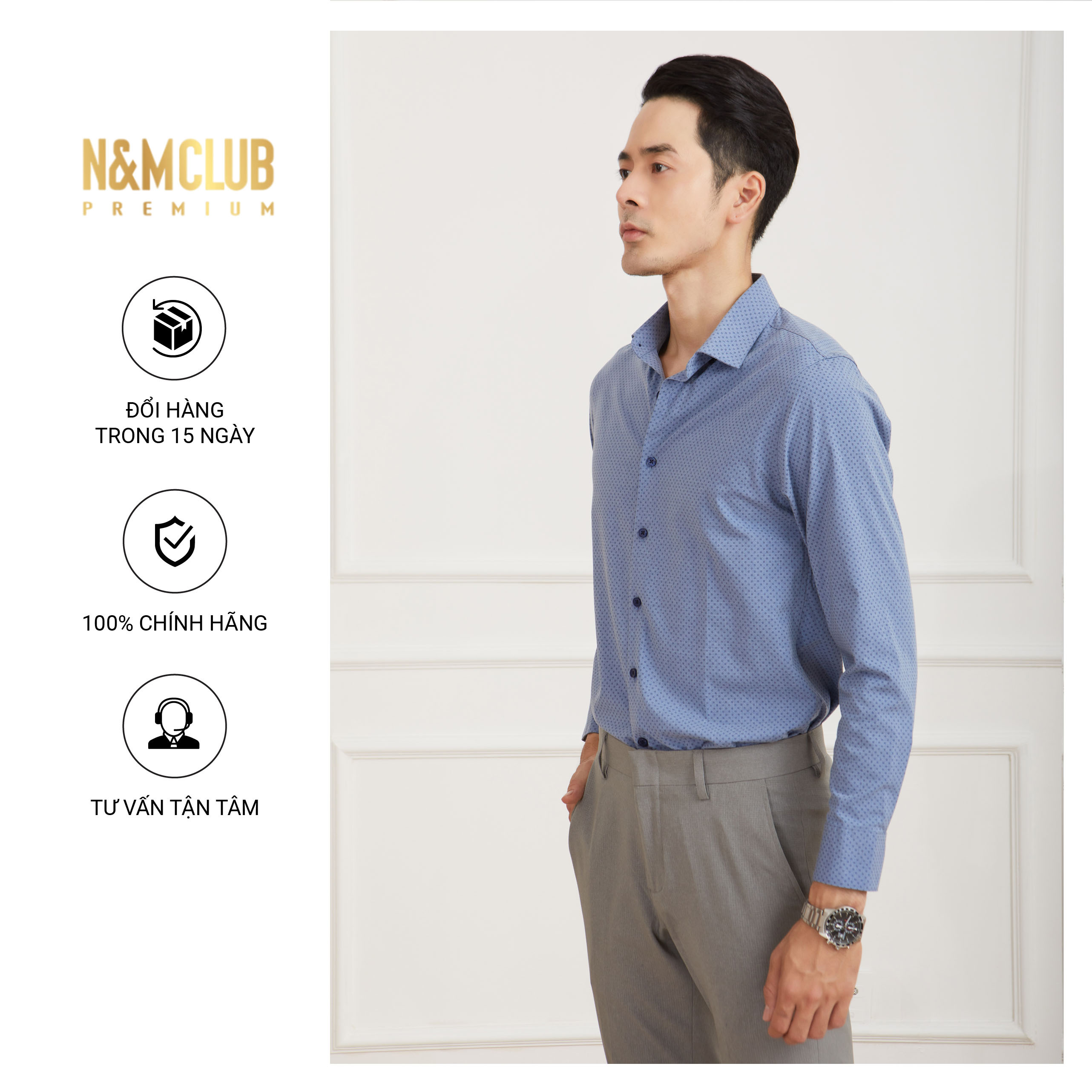 N&amp;M CLUB Áo Sơ Mi Nam Tay Dài họa tiết chấm bi chất liệu vải vải sợi tre Bamboo 2105040