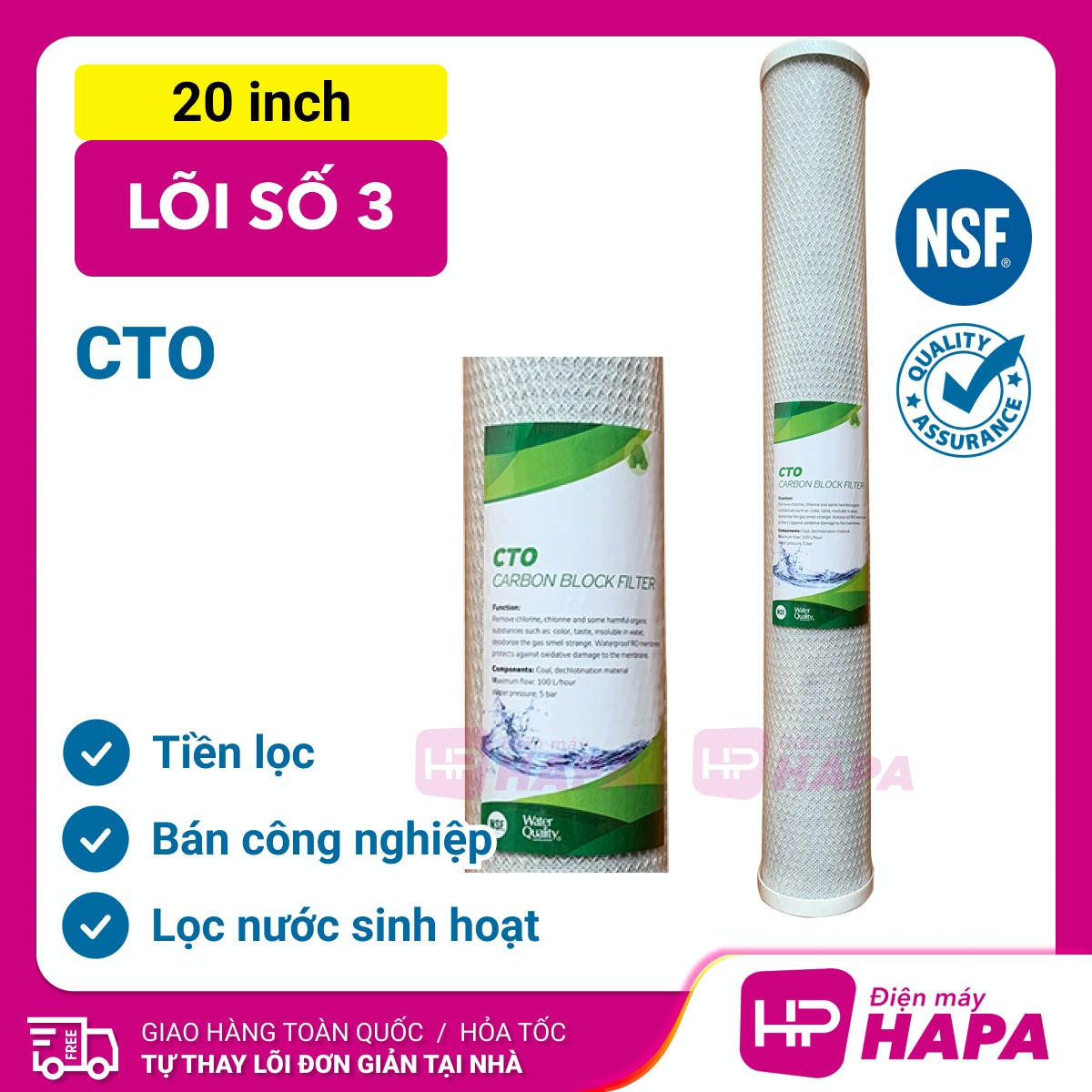 Lõi Lọc Nước 20 inch Số 3 CTO Block Carbon, Lọc Thô Loại Bỏ Màu Mùi Chất Hữu Cơ... Công Suất Lớn Dùng Máy Lọc Nước R.O Sinh Hoạt, Bán Công Nghiệp 20in Karofi, Kangaroo, Prowatech, AquaYaki, Vithaco, Aqualife... - Có Bán Sỉ, Hàng Chất Lượng