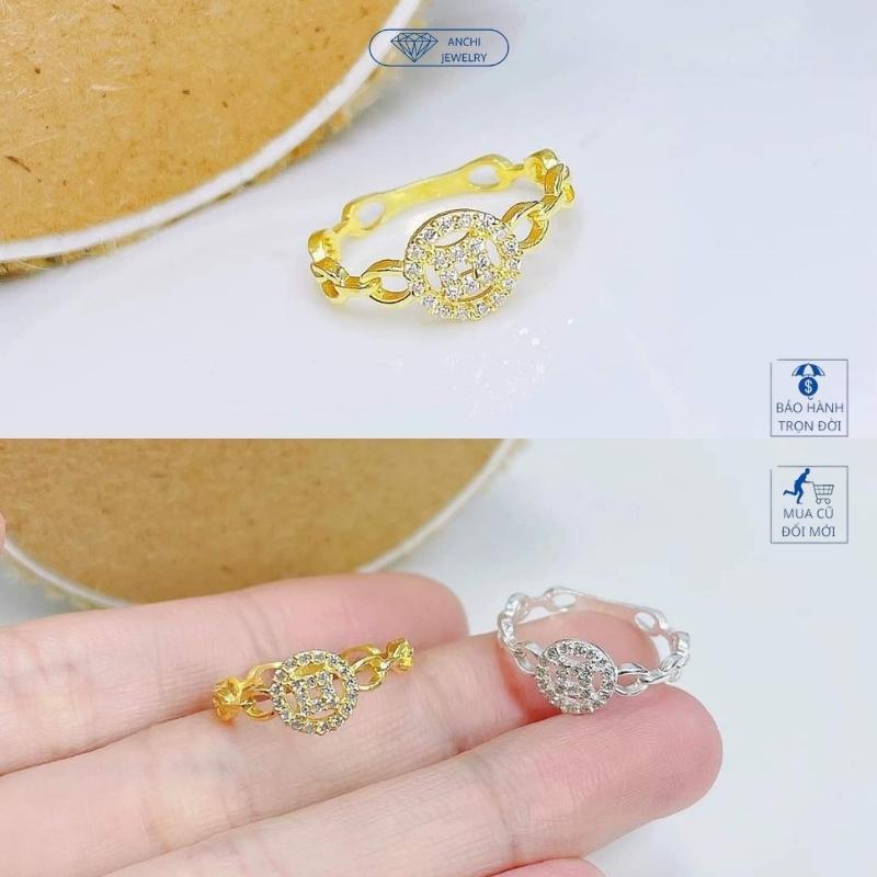 Nhẫn kim tiền chữ vạn đính đá bạc mạ vàng cho nữ, Anchi jewelry