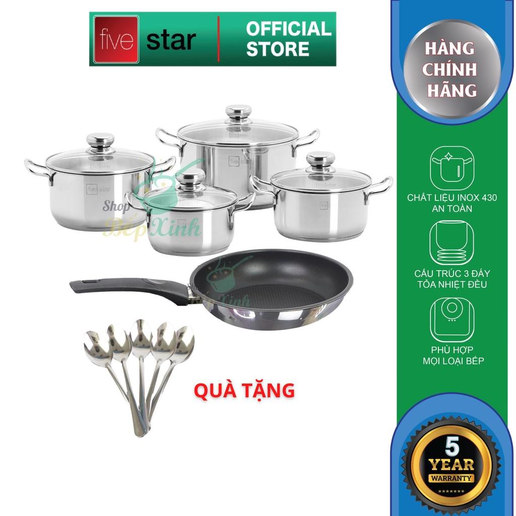 Bộ nồi chảo 3 đáy inox 403 Fivestar 5 món nắp kính tặng 5 muỗng ăn( N16cm x N18cm xN20cm x N24cm x chảo 24cm)