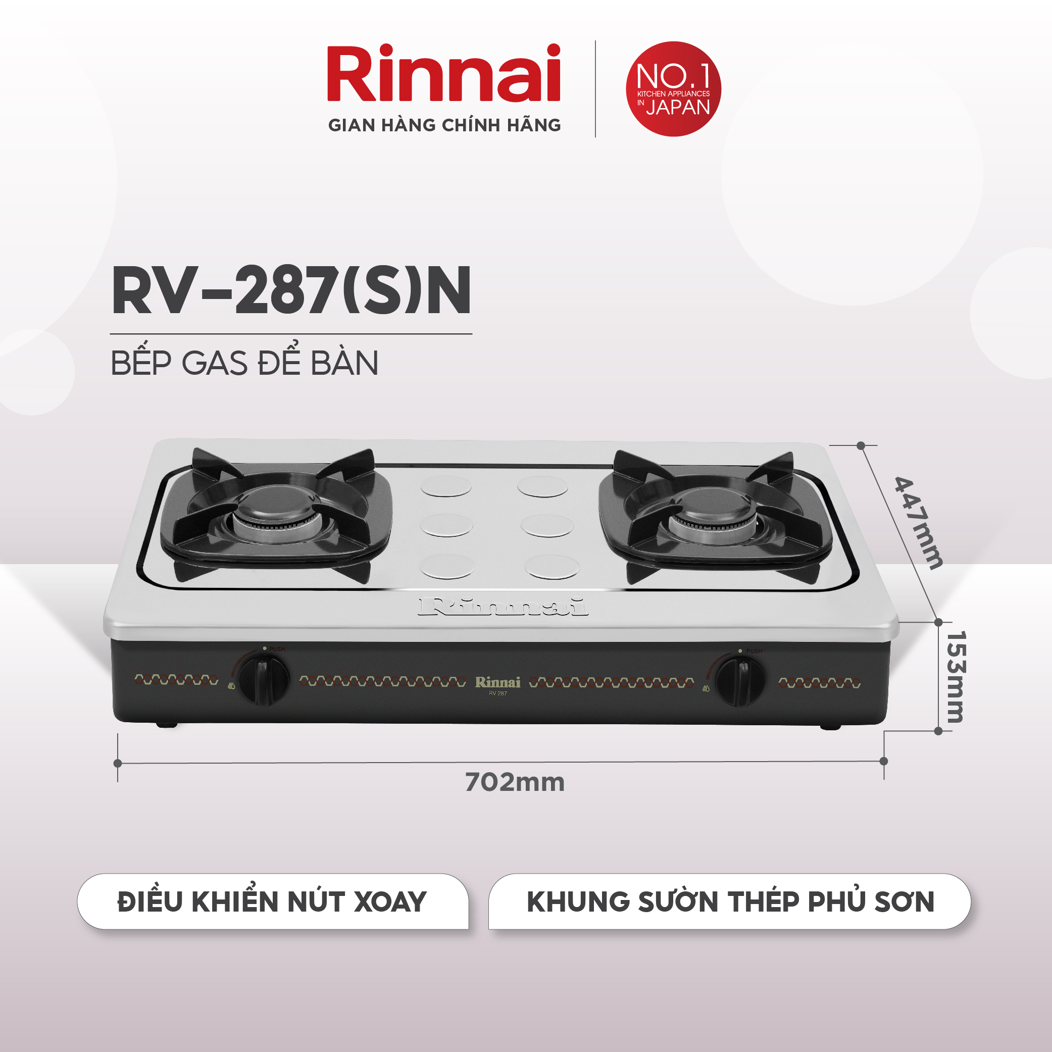 Bếp gas dương Rinnai RV-287(S)N mặt bếp inox và kiềng bếp men - Hàng chính hãng.