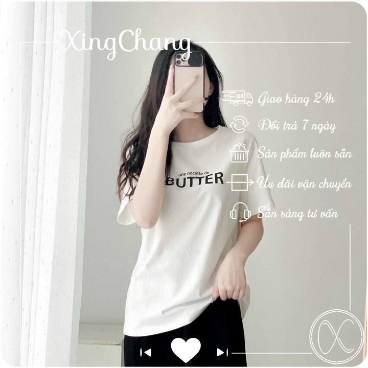 Áo phông nữ trắng cổ tròn, áo phông tay ngắn chất mịn đẹp cá tính in BUTTER mã NXC01