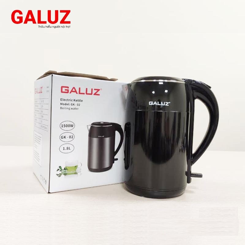 Ấm siêu tốc đun nước Galuz GK 02, dung tích 1.8L, công suất 1500W, thân ấm 2 lớp liền khối, bên trong lòng chất liệu inox 304 bền đẹp, hàng chính hãng