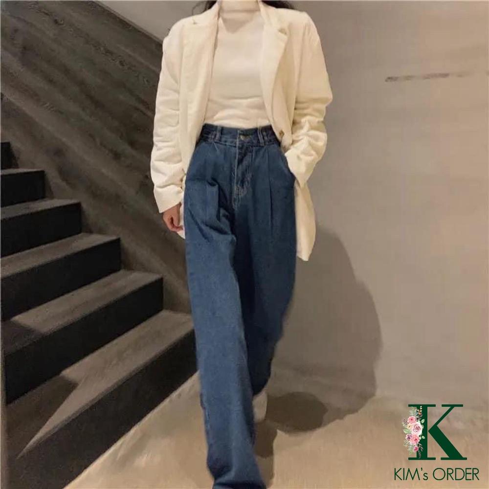 Quần jean nữ xanh đậm ống suông lưng cao phong cách Ulzzang Hàn Quốc thời trang chất liệu denim đi làm đi học đi chơi