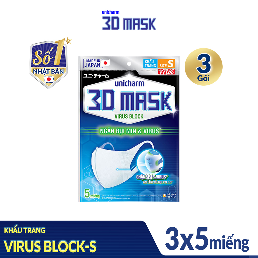 Bộ 3 Khẩu Trang Unicharm 3DMask Virus Block size S (Ngăn được bụi mịn PM2.5) gói 5 miếng